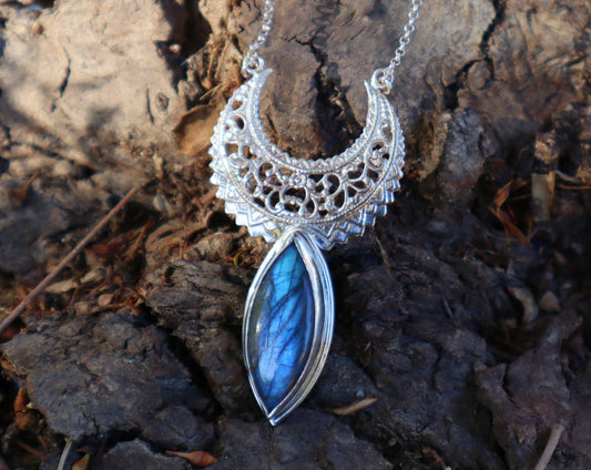 Sterling Silver Dainty Crescent Moon Labradorite Necklace