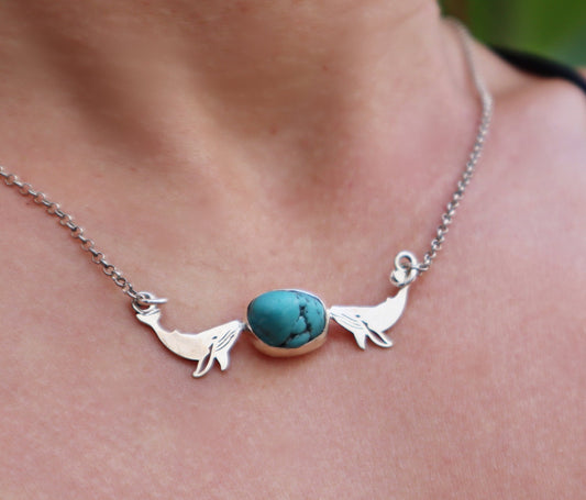 Sterling Silver Humpback Whale Fish Turquoise Necklace