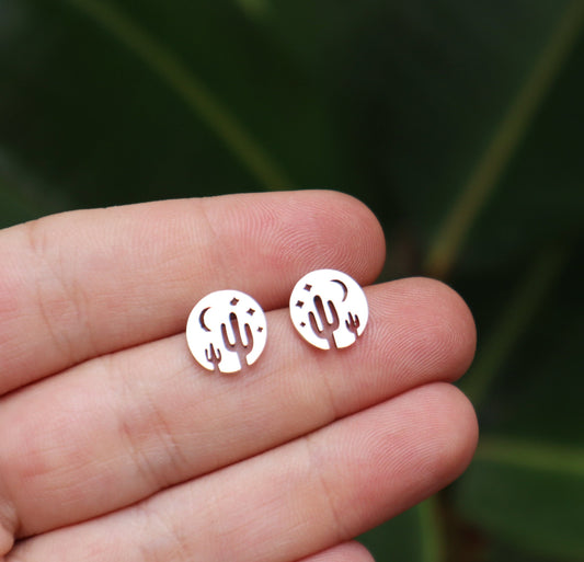 Cactus & Crescent Moon Stud Earrings – Sterling Silver