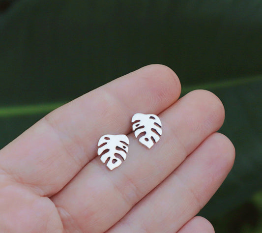 Sterling Silver Monstera Stud Earrings