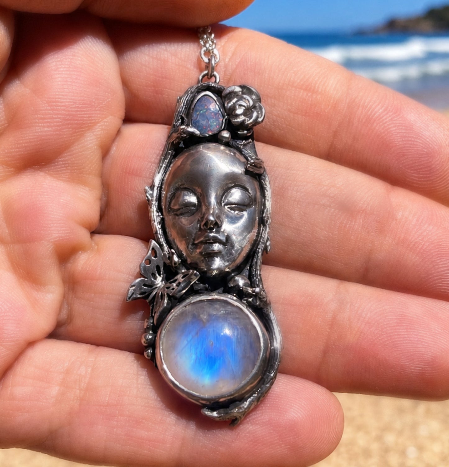Sterling Silver Opal and Moonstone Woman's Face Necklace, Handmade Nature Goddess Jewelry