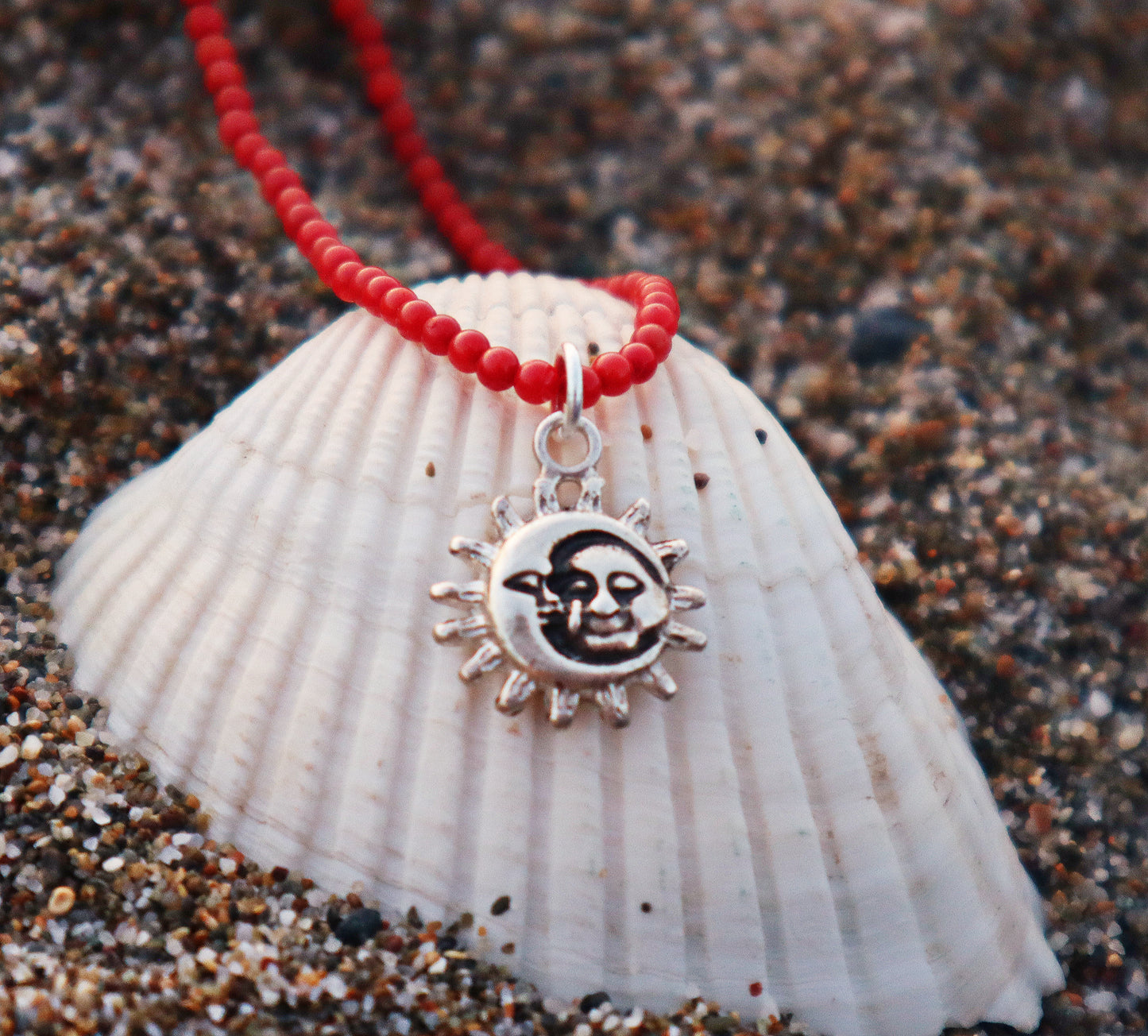 Sterling Silver Coral Sun and Moon Necklace