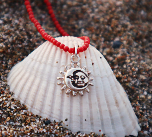 Sterling Silver Coral Sun and Moon Necklace