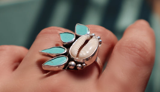 Sterling Silver Turquoise Cowrie Shell Ring, Mermaid Statement Ocean Jewelry
