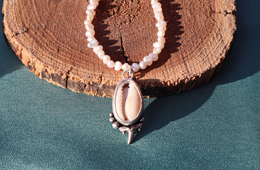 Sterling Silver Cowrie Shell Necklace, Natural Pearl Mermaid Statement Ocean Jewelry