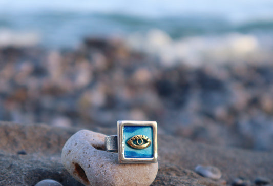 Sterling Silver Gold 14k Evil Eye Blue Enamel Hamsa Ring Women