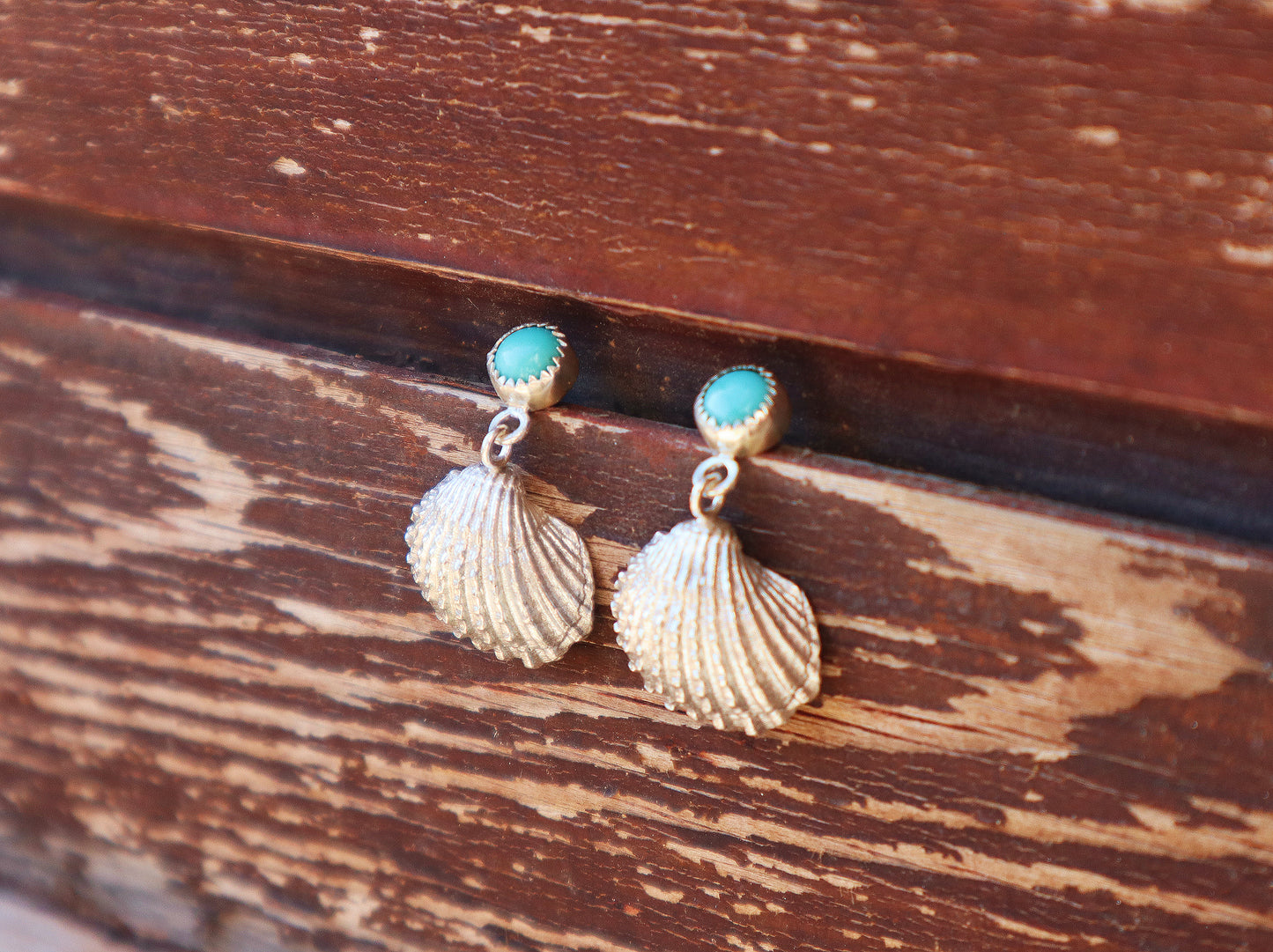 Sterling Silver Seashells Turquoise Earrings, Coastal Boho Beach Jewelry