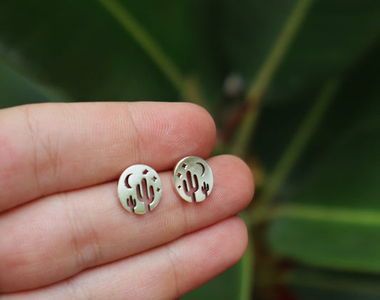 Sterling Silver Desert Cactus Moon Stud Earrings