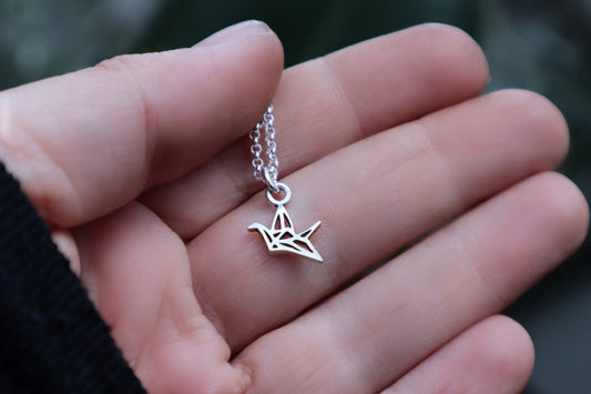 Sterling Silver Origami Paper Crane Necklace Women