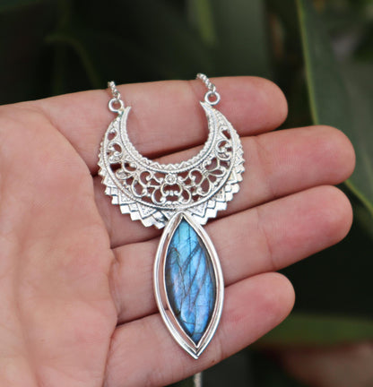 Sterling Silver Dainty Crescent Moon Labradorite Necklace