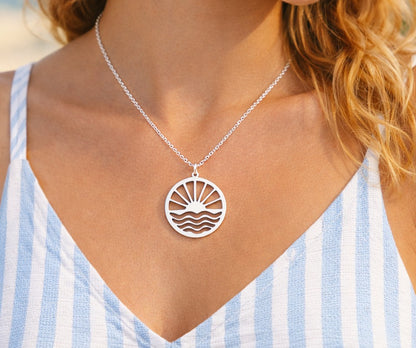 Sterling Silver Sunrise Sunset Necklace: Ocean Geometric Pendant