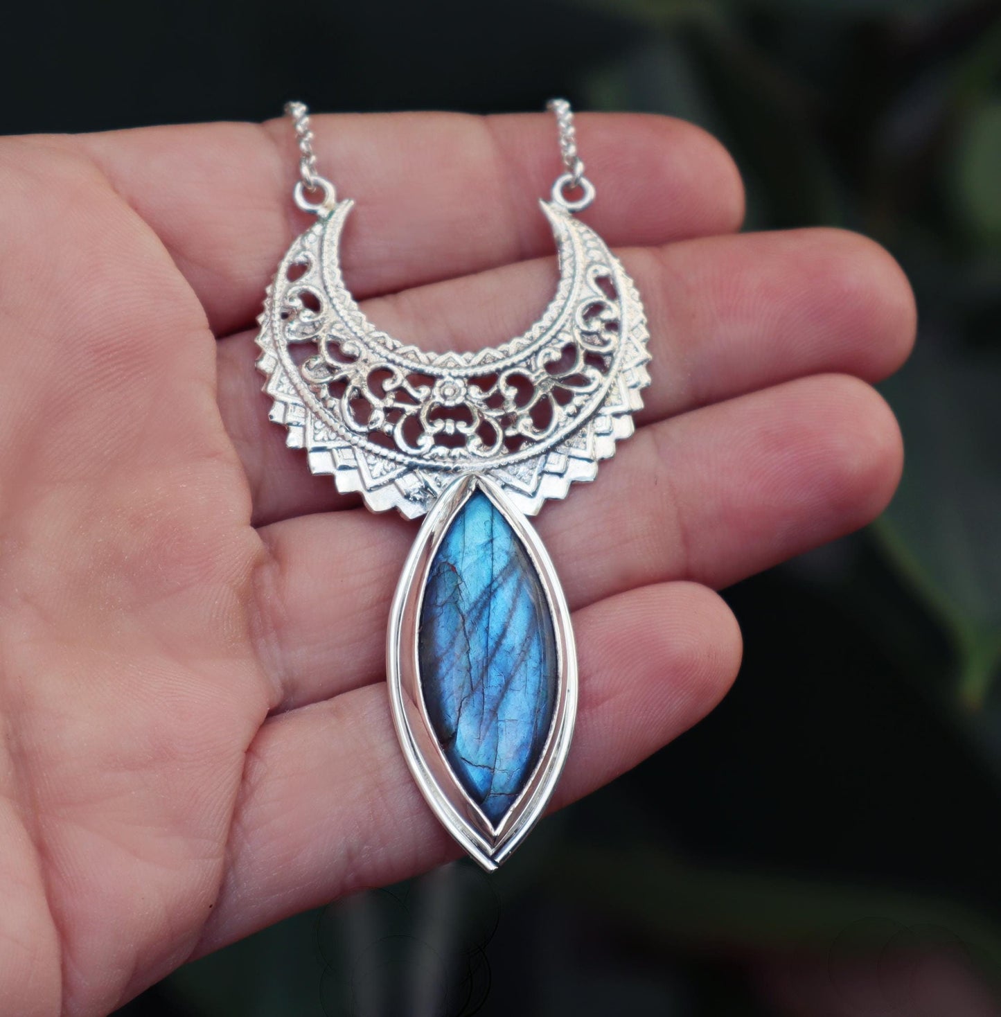 Sterling Silver Dainty Crescent Moon Labradorite Necklace