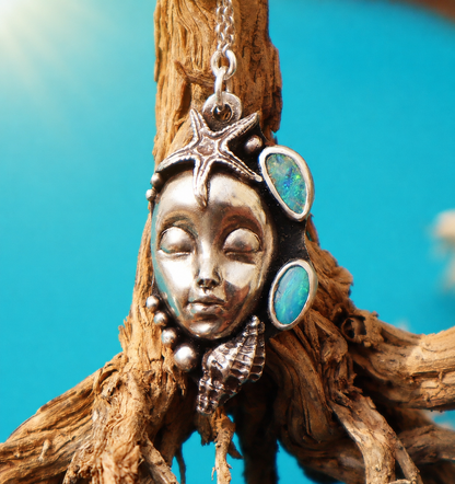 Sterling Silver Opal Woman's Face Necklace, Handmade Sea Muse Goddess Jewelry