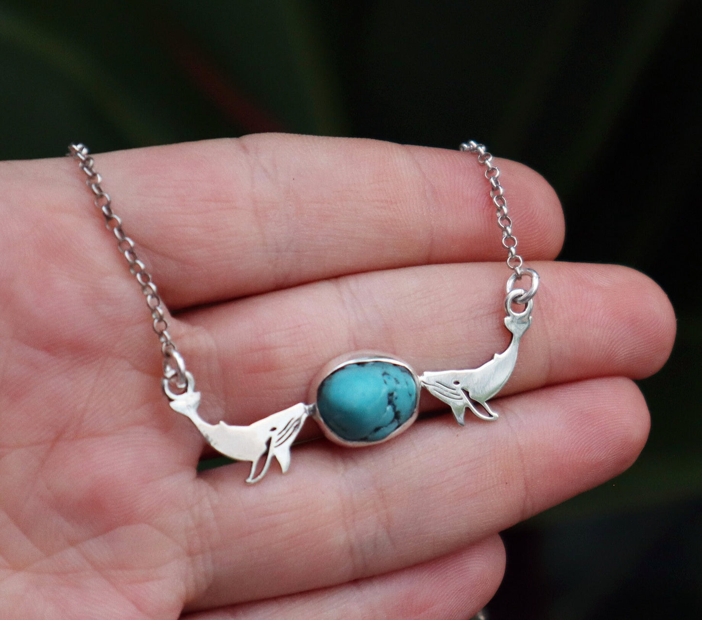 Sterling Silver Humpback Whale Fish Turquoise Necklace