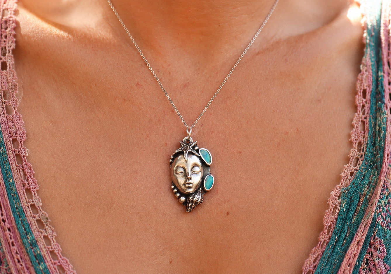 Sterling Silver Opal Woman's Face Necklace, Handmade Sea Muse Goddess Jewelry