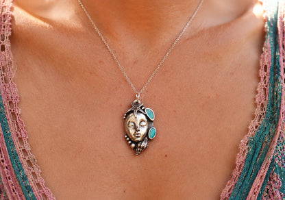 Sterling Silver Opal Woman's Face Necklace, Handmade Sea Muse Goddess Jewelry