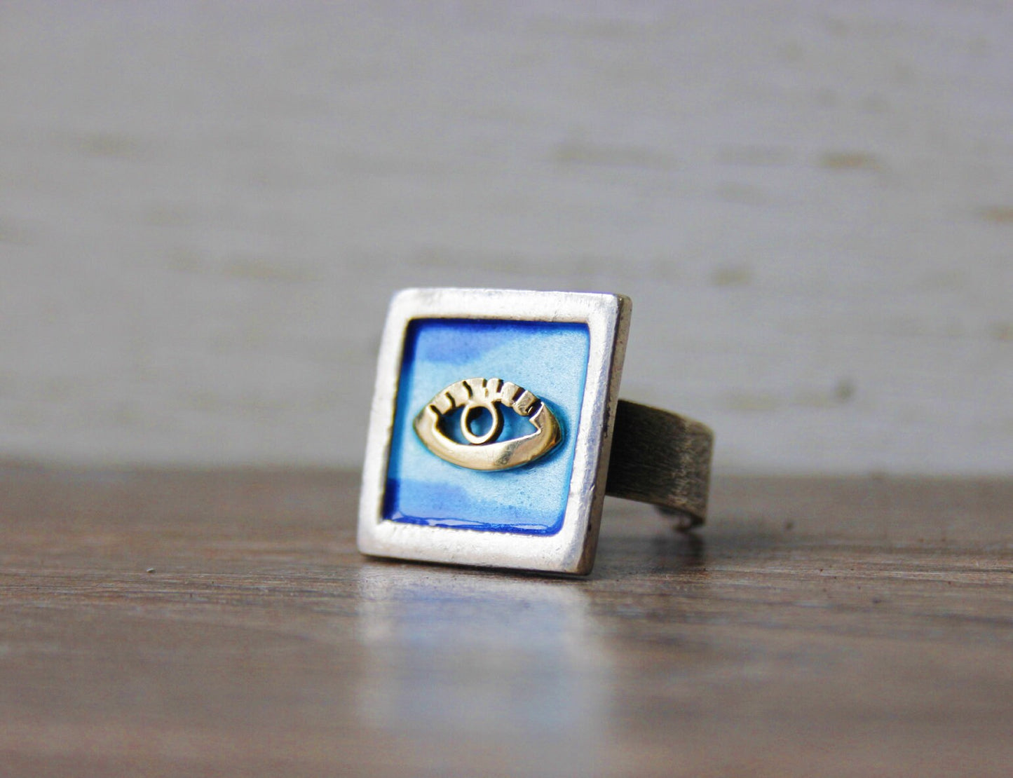 Sterling Silver Gold 14k Evil Eye Blue Enamel Hamsa Ring Women