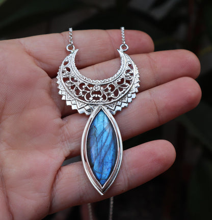 Sterling Silver Dainty Crescent Moon Labradorite Necklace
