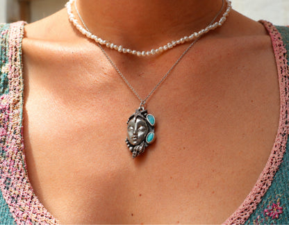 Sterling Silver Opal Woman's Face Necklace, Handmade Sea Muse Goddess Jewelry