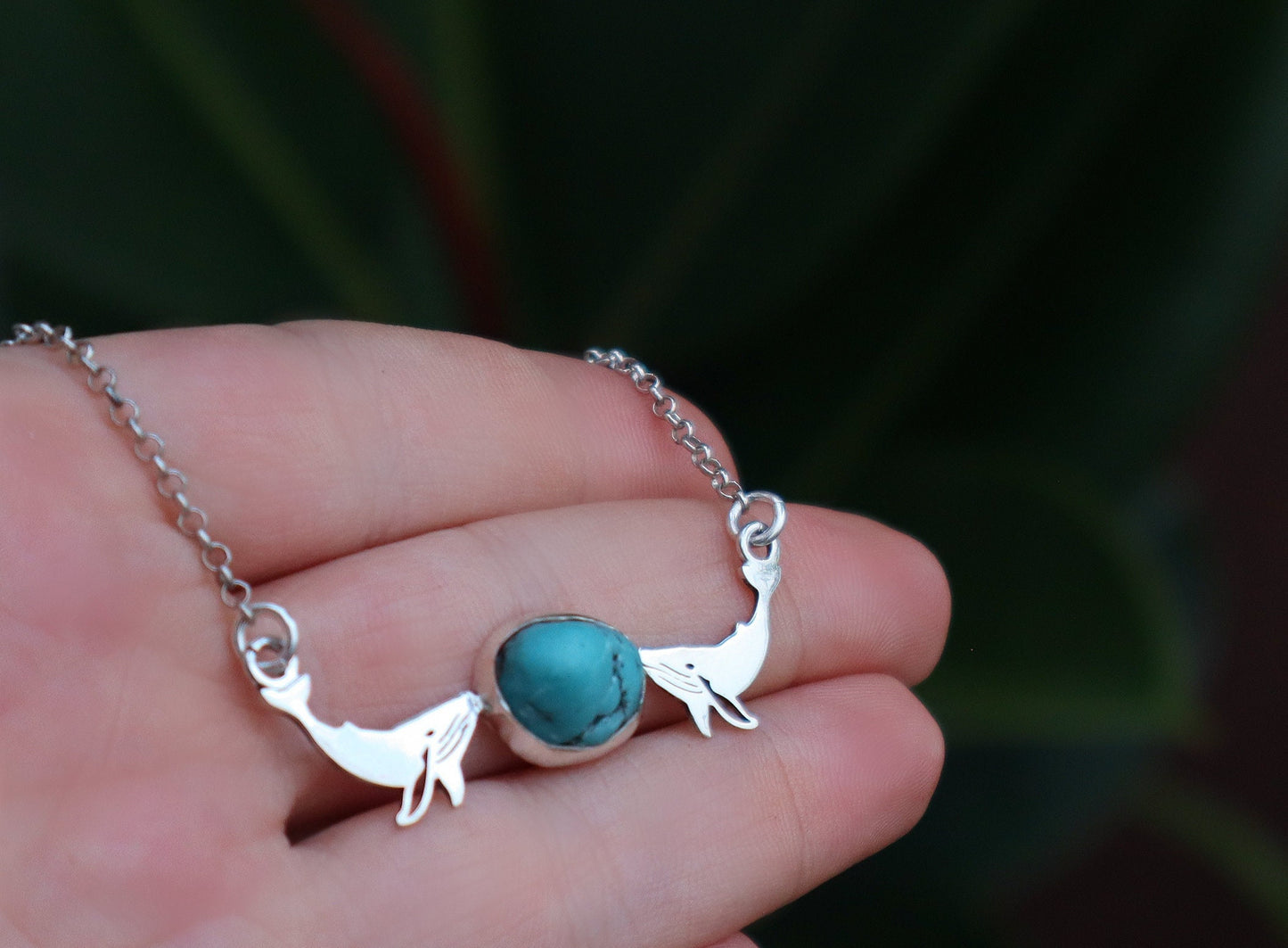 Sterling Silver Humpback Whale Fish Turquoise Necklace