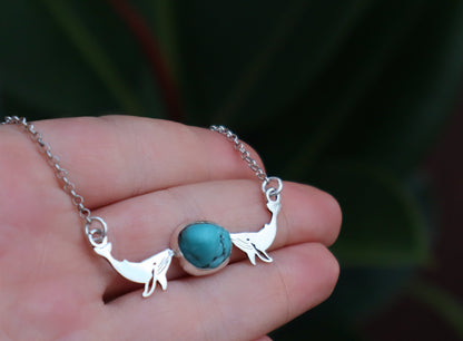 Sterling Silver Humpback Whale Fish Turquoise Necklace