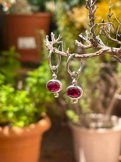 Sterling Silver Red Ruby Hoop Earrings, Minimalist Gemstone Dangle Earrings
