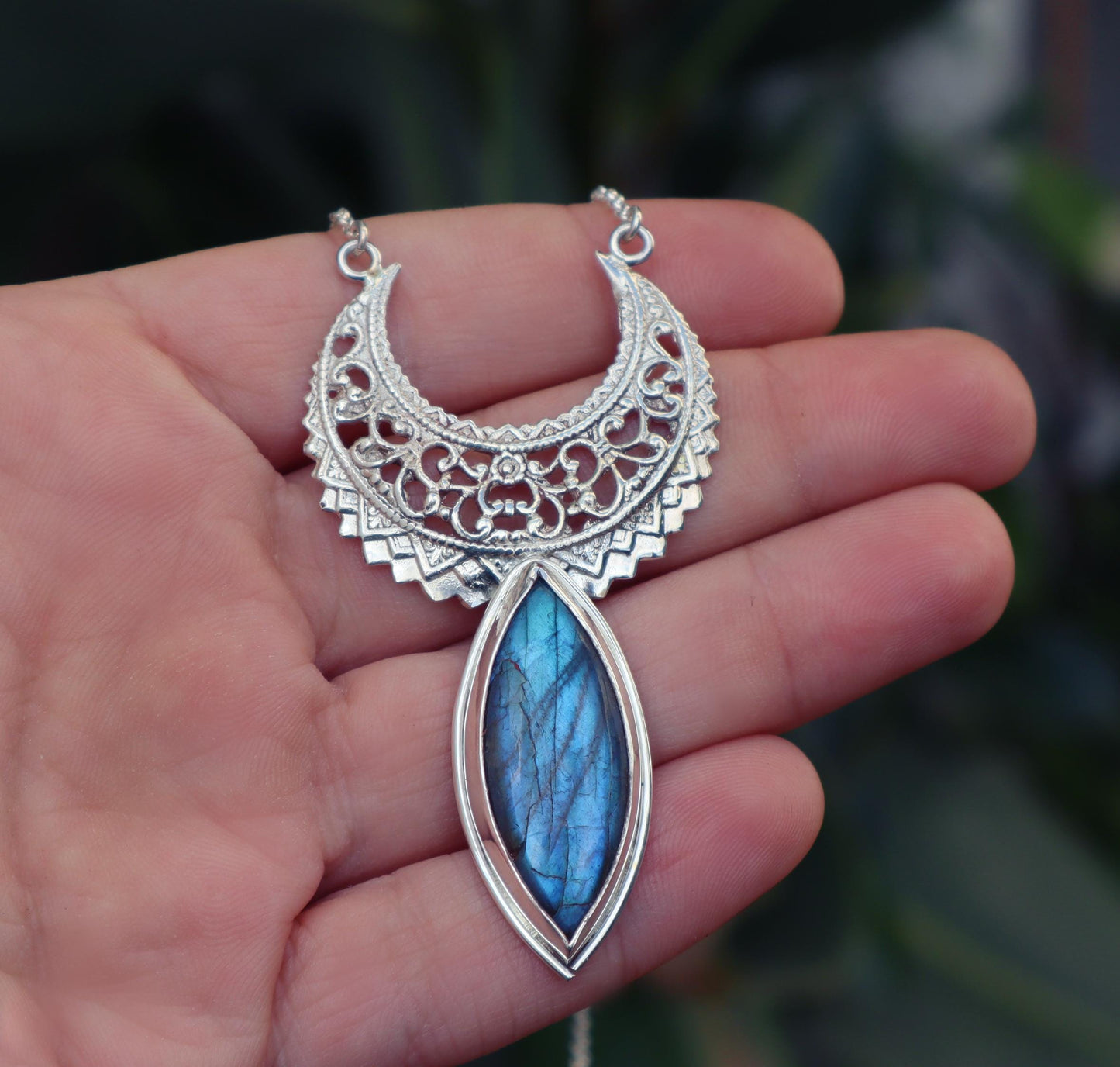 Sterling Silver Dainty Crescent Moon Labradorite Necklace