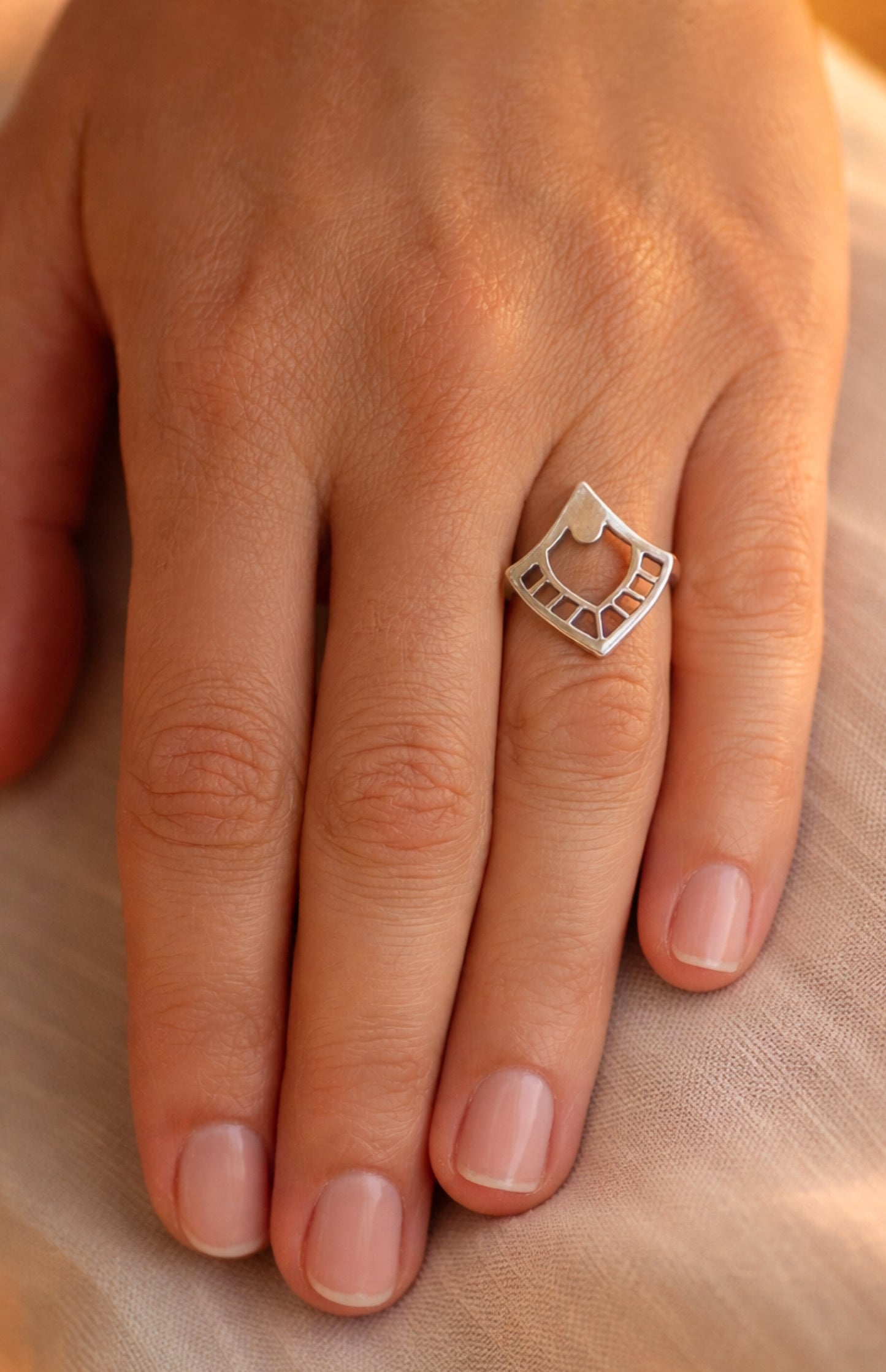 Sterling Silver Geometric Ring, Boho Modern Shield Statement Jewelry
