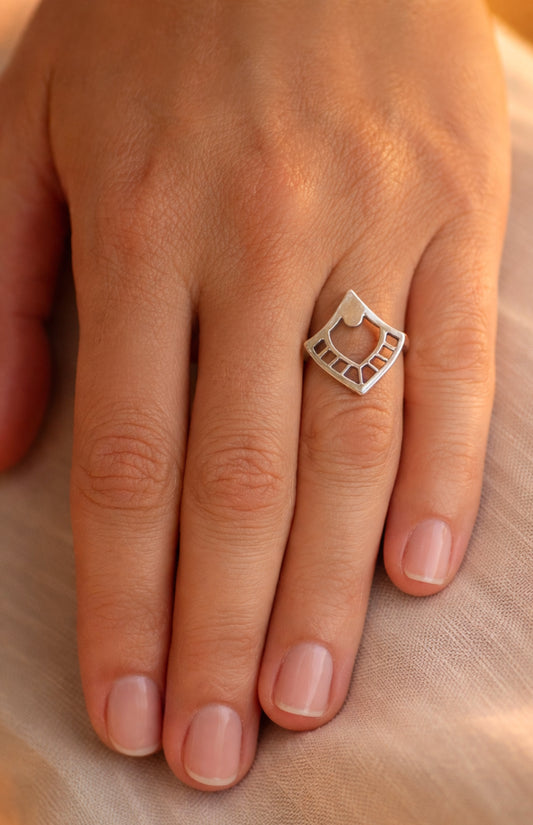 Sterling Silver Geometric Ring, Boho Modern Shield Statement Jewelry