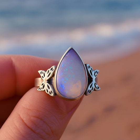 Sterling Silver Purple Fire Opal Ring, Handmade Butterfly Statement Jewelry