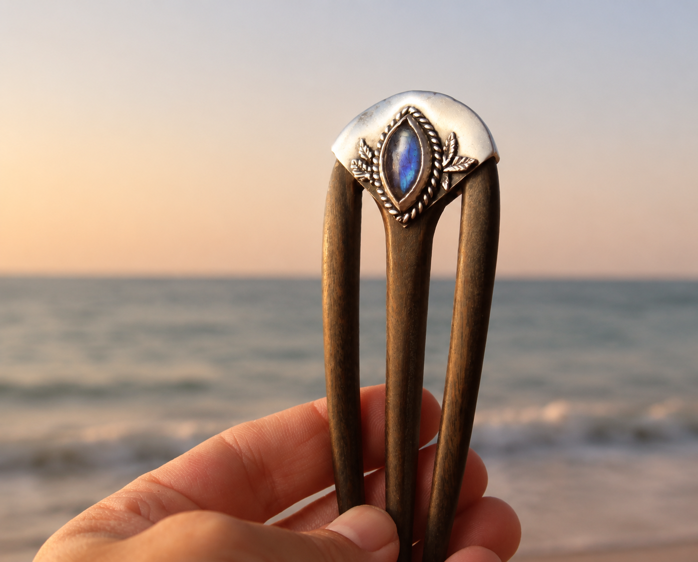 Sterling Silver Dainty Blue Labradorite Sandalwood Hairpin