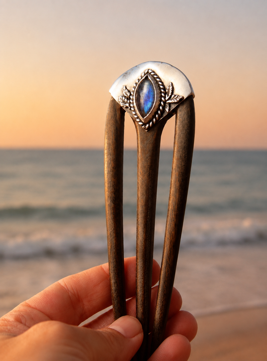 Blue Labradorite & Sandalwood Hairpin – Sterling Silver