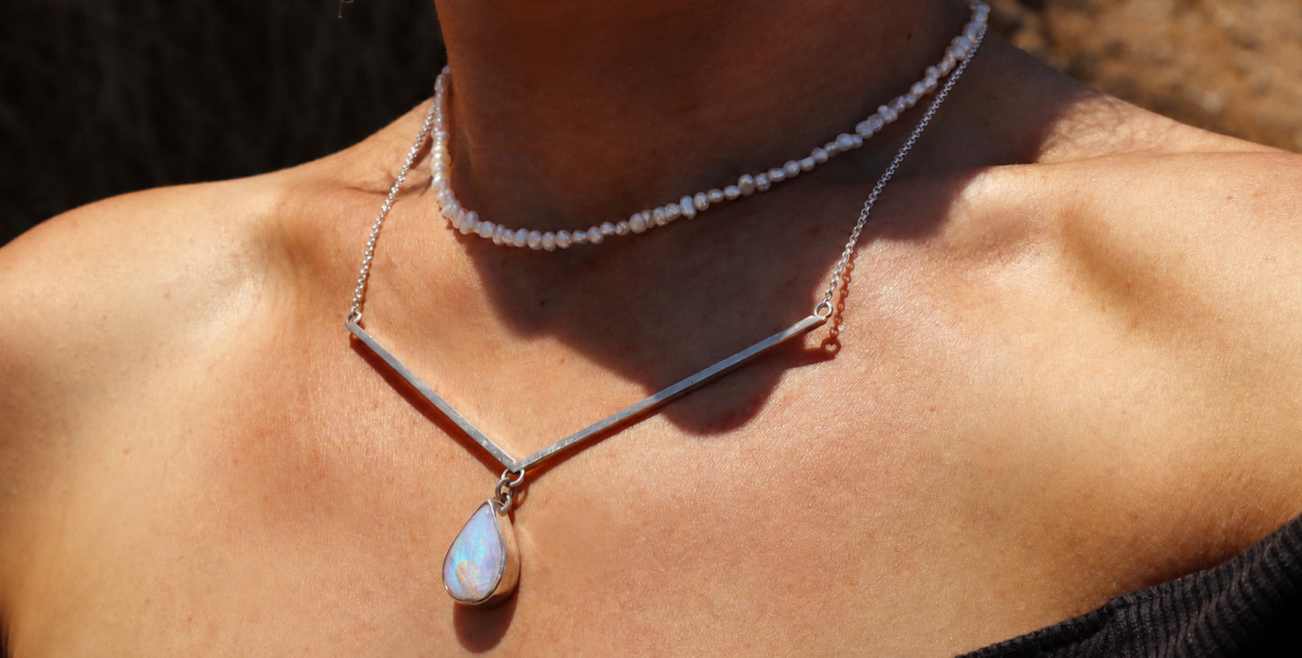 Sterling Silver Moonstone Necklace Women, Handmade Boho Jewelry, Birthstone V Necklace, Spiritual Gift