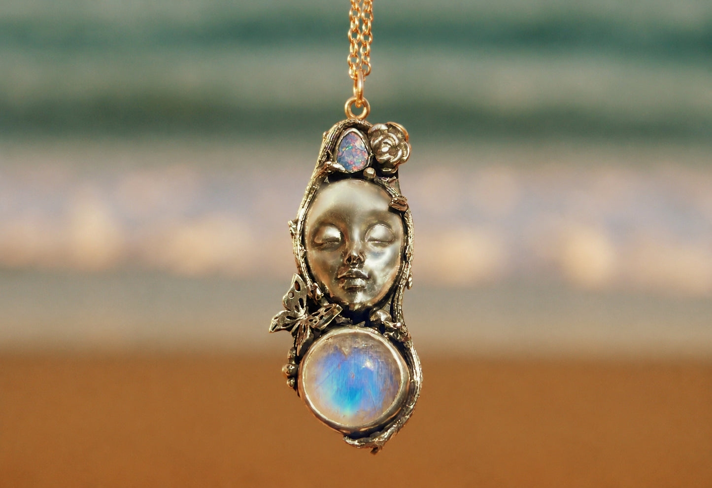 Sterling Silver Opal and Moonstone Woman's Face Necklace, Handmade Nature Goddess Jewelry