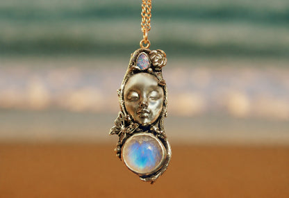 Sterling Silver Opal and Moonstone Woman's Face Necklace, Handmade Nature Goddess Jewelry