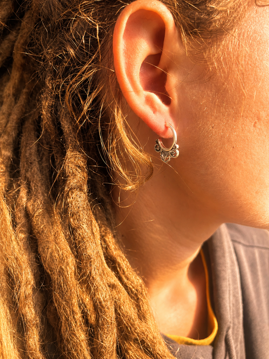Sterling Silver Tribal Hoop Earrings, Boho Ethnic Dangle Huggie Jewelry