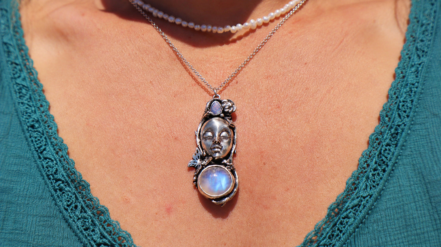 Sterling Silver Opal and Moonstone Woman's Face Necklace, Handmade Nature Goddess Jewelry