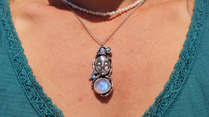 Sterling Silver Opal and Moonstone Woman's Face Necklace, Handmade Nature Goddess Jewelry