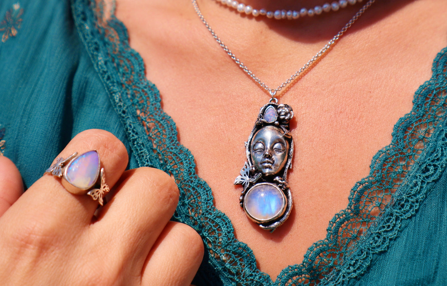 Sterling Silver Opal and Moonstone Woman's Face Necklace, Handmade Nature Goddess Jewelry