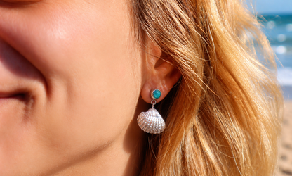 Sterling Silver Seashells Turquoise Earrings, Coastal Boho Beach Jewelry