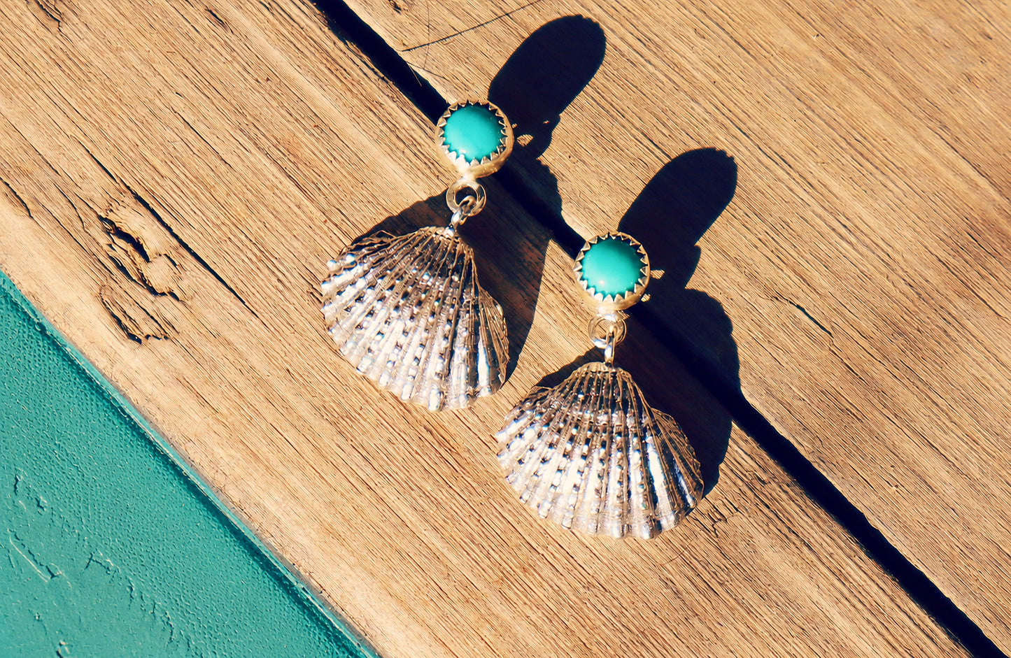 Sterling Silver Seashells Turquoise Earrings, Coastal Boho Beach Jewelry