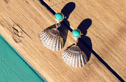 Sterling Silver Seashells Turquoise Earrings, Coastal Boho Beach Jewelry