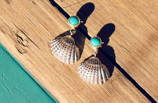Sterling Silver Seashells Turquoise Earrings, Coastal Boho Beach Jewelry