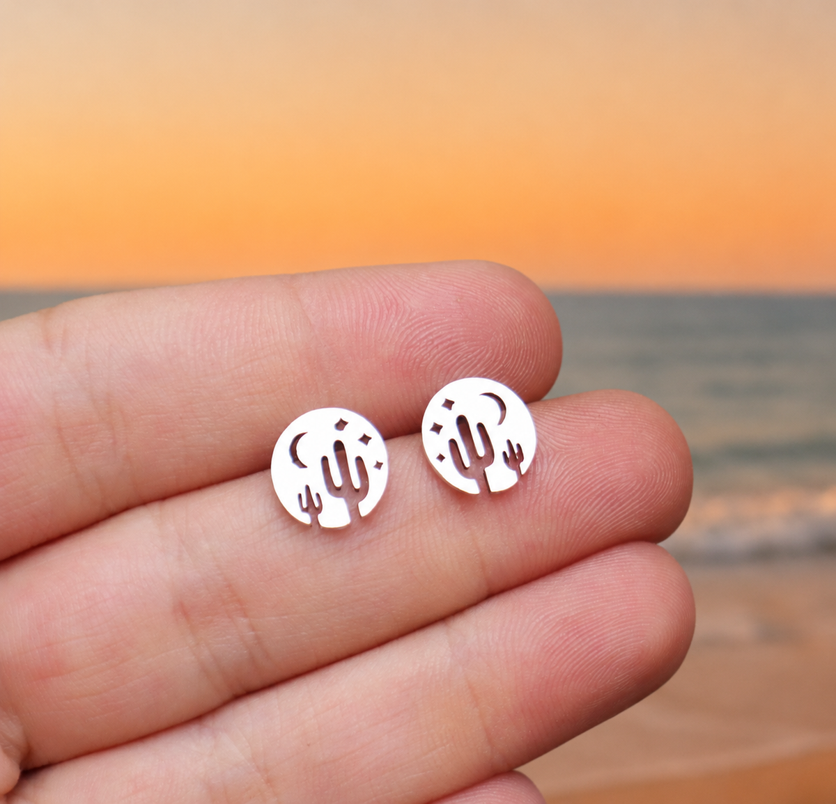 Cactus & Crescent Moon Stud Earrings – Sterling Silver