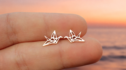 Sterling Silver Origami Paper Crane Studs Earrings