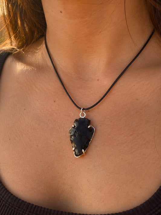 Aztec Arrowhead Obsidian Necklace – Sterling Silver