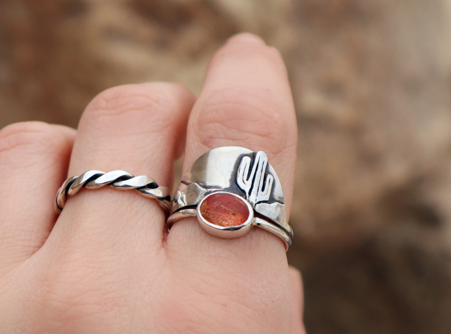 Sterling Silver Sunstone Cactus Desert Ring