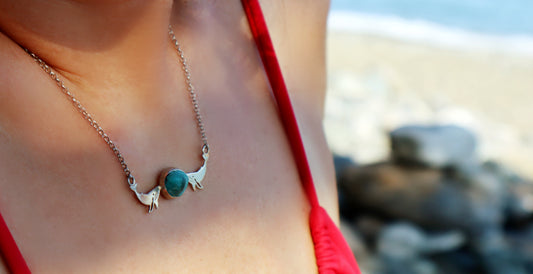 Sterling Silver Humpback Whale Fish Turquoise Necklace