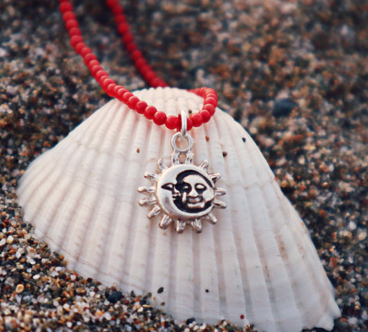 Sterling Silver Coral Sun and Moon Necklace