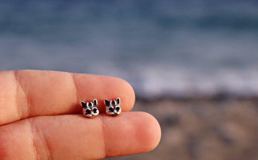 Sterling Silver Horned Evil Cat Skull  Stud Earrings